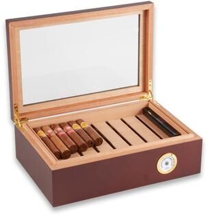 Bey Berk Havana Walnut 75 Cigar Humidor with Glass Viewing Top and Spanish Cedar Lining