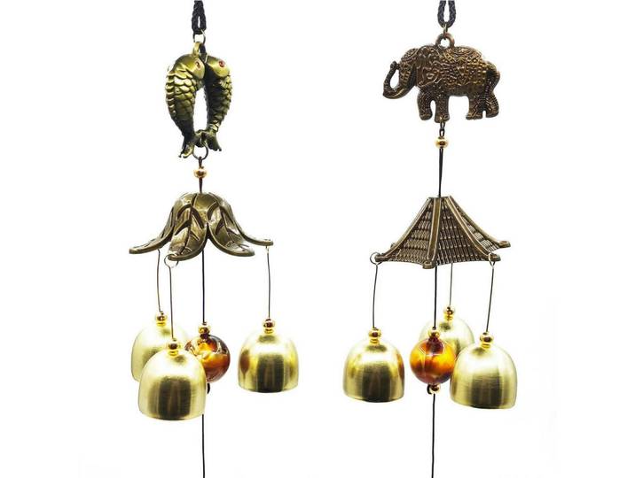 Windspiel 2-teiliges Set Fisch Elefant Legierung Retro-orientalischer Stil, Bronzefarben, Metall, 46x1x46 cm, Dekoration, Gartendeko