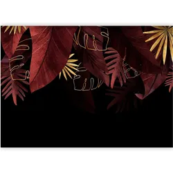 Artgeist, Tapete, Fototapete - Jungle and composition - red and gold leaf motif on black background (450 x 315 cm)