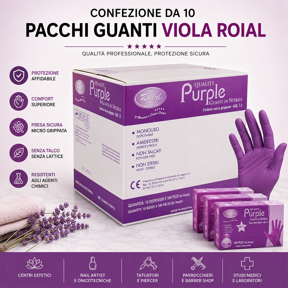 Roial Guanti Monouso in Nitrile Viola Non Talcati 5 Stelle Purple – Scatola da 1000 Guanti M 1 scatola da 100 pezzi