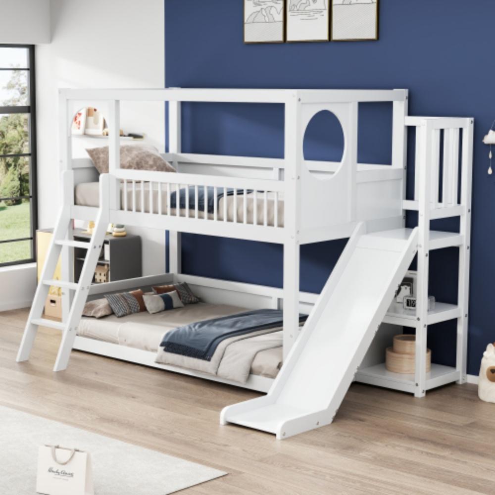 Etagenbett Kinder-Etagenbett, Doppelbett, multifunktionales Kinderbett, mit Regalen, mit Rutsche, ohne Matratze, weiß, 90*200
