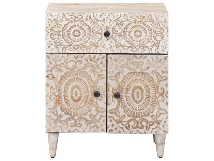 KTHLBRH Weißer Bettschrank 50 x 33 x 60 cm Mangoholz 1 Schublade, schwarze Griffe, modernes Design, einfache Wartung, einzigartige Maserung