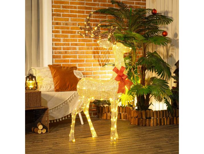 Outsunny Renne de Noël lumineux, décoration renne lumineux Noël en acier, avec 137 LED blanc chaud, 66 x 25 x 135 cm, or