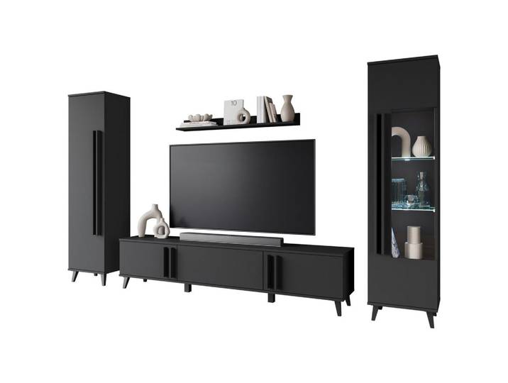 P & B Wohnwand Helsinki, Schwarz, Kunststoff, 4-teilig, 8 Fächer, kaltweiß, 260x159.5x33 cm, Fsc, stehend, Beleuchtung, Wohnzimmer, Wohnwände, Anbauwände