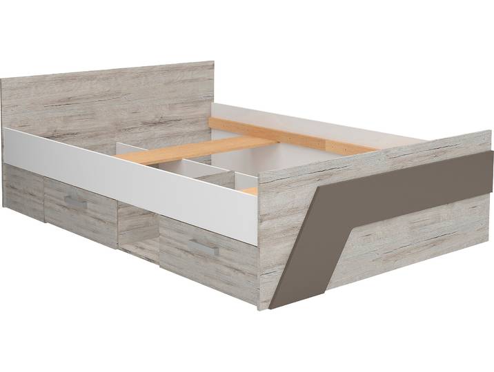 Stauraumbett FMD Nona , beige (sandeiche nb, weiß, lava, sandeiche nb, sandeiche nb, lava), B:144,6cm, Betten, Stauraumbett