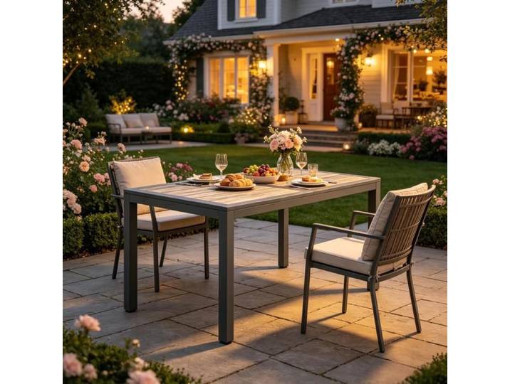 Table de jardin - Plateau imitation bois - Acier galvanisé thermolaqué - 4-6 personnes - Patins réglables