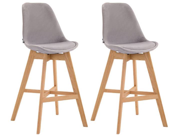 TPFLiving Barhocker Holz (Barstuhl - Thekenhocker - Tresenhocker - Hocker für Küche), 4-Fuß Gestell Holz Natur - Sitzfläche: Samt Grau