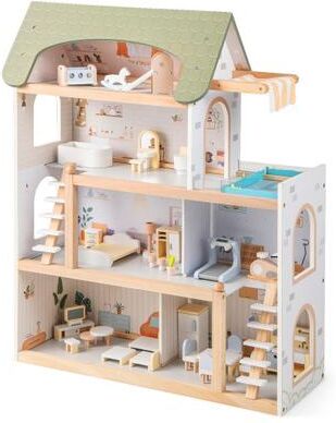Costway Wooden Dollhouse Kids DIY Pretend Playhouse with 33 PCS Furniture Accessories-Green