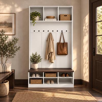 FUFU&GAGA "47.2"" Hall Tree with Bench and Shoe Storage, Entryway Coat Rack with 8 Hooks, 6 Shoe Cubbies - 47.2”"
