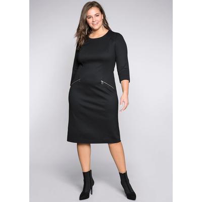 Etuikleid SHEEGO "Etuikleid", Damen, Gr. 54, Normalgrößen, schwarz, Jersey, 70% Polyester, 25% Viskose, 5% Elasthan, unifarben, knielang, Rundhals, Kleider Etuikleid
