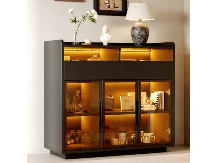 Merax Glasschrank 100x40x91,5 cm, Schwarz, Sideboard mit getöntem Sicherheitsglas, 2 Schubladen mit Glasfronten und mehrfarbiger LED-Beleuchtung als Vitrine oder Barschrank