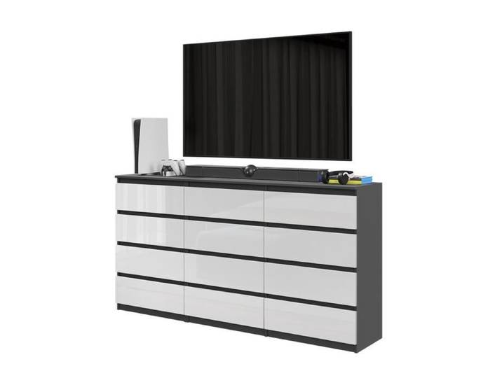 GABRIEL - Commode 12 Tiroirs (8+4) - H92cm L180cm P33cm (Anthracite / Blanc Brilliant)