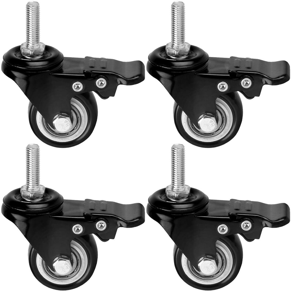 Ronte Set van 4 Zwenkwielen met Rem, 40mm, M8 Schroefdraadpin, Polyurethaan, Zwart
