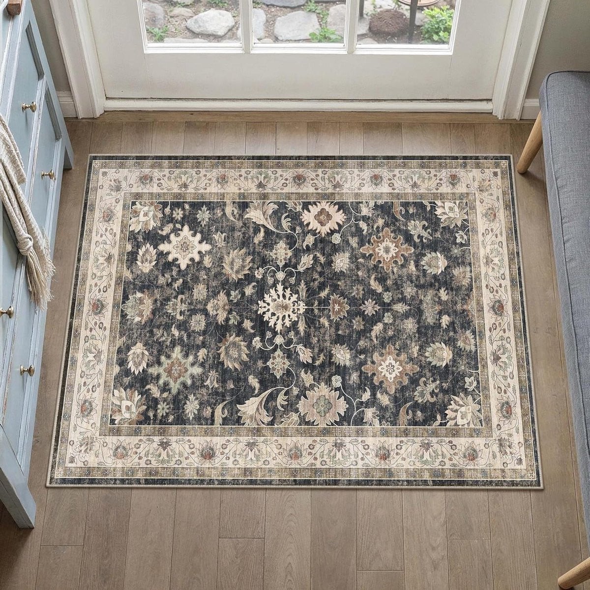 Deurmat Vintage Bloem Vloerkleed Entree Zwart - 60 x 90 cm
