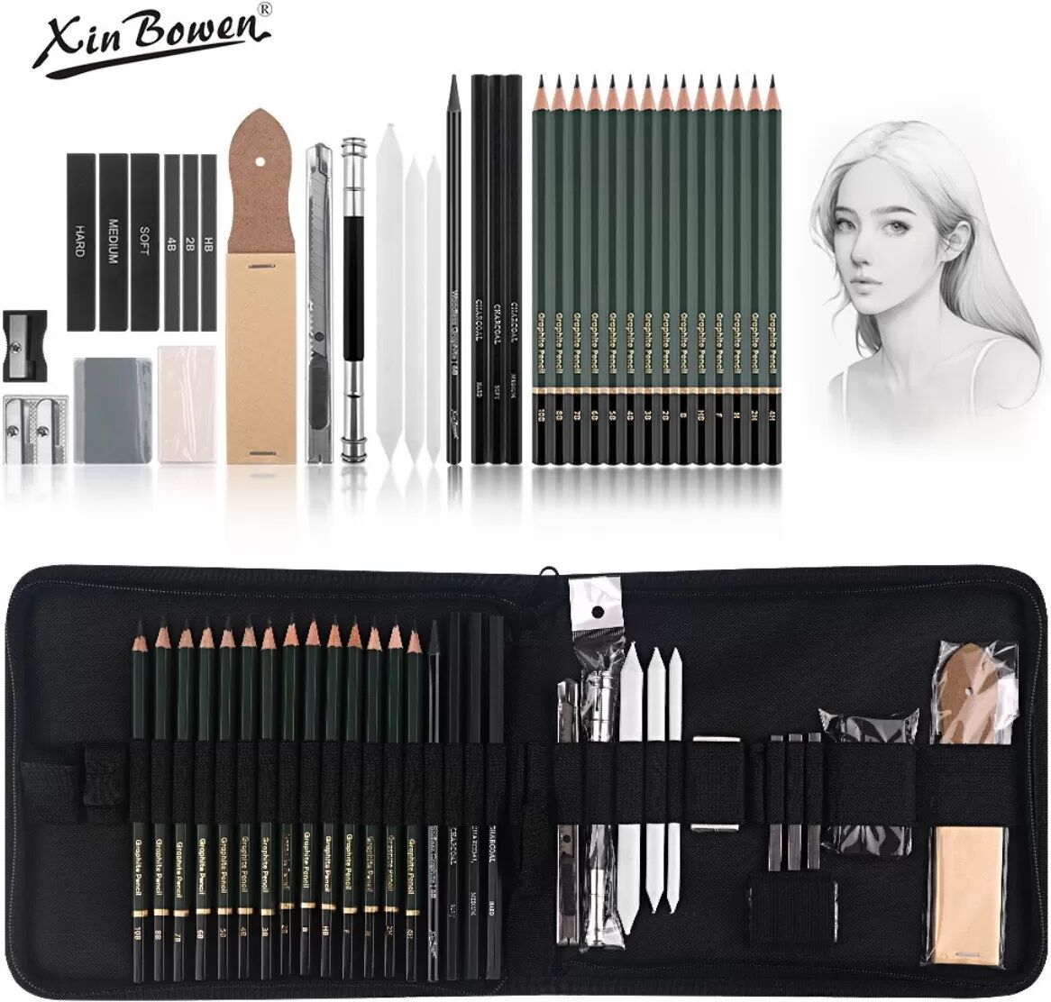 INF Kit de 42 crayons à croquis : Ensemble complet de crayons à dessin et graphite