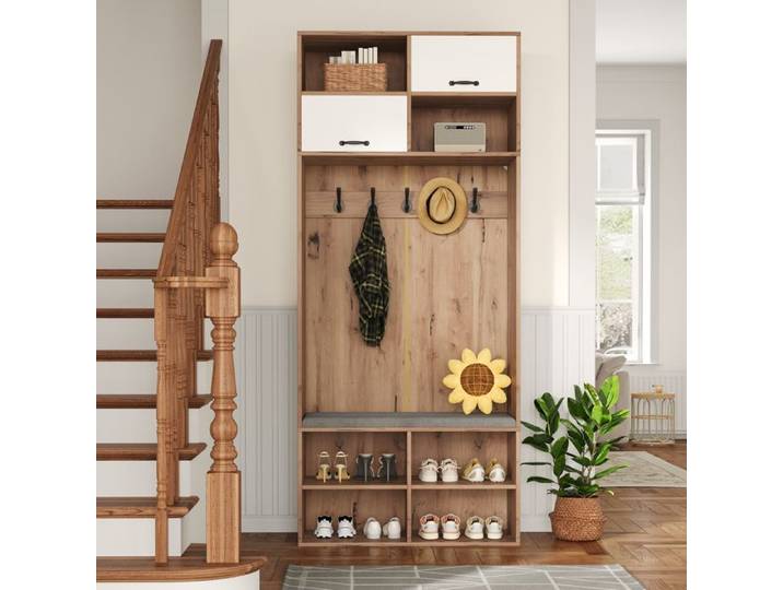 Vestiaire d entree banc 5 crochets 2 portes 80x185x35 cm blanc bois