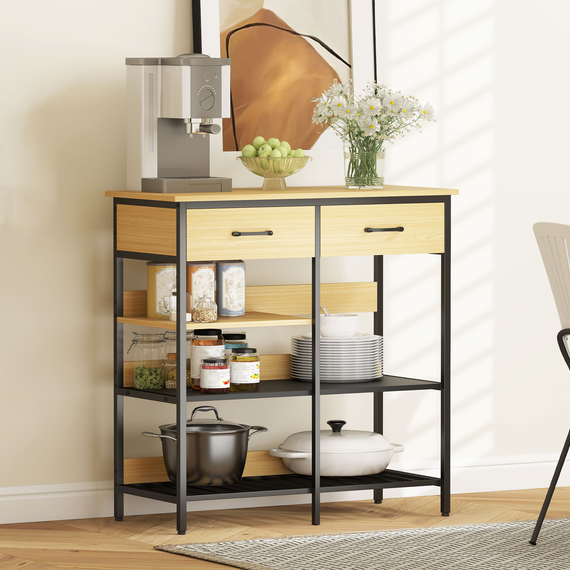 Homcom Sideboard, credenza con 2 cassetti, 3 ripiani aperti mobile da cucina per cucina, soggiorno 90 x 40 x 91 cm, Legno naturale   Aosom Italy