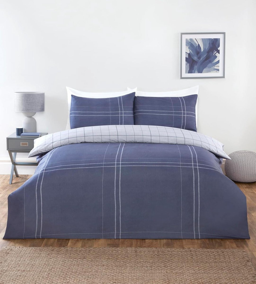 Blauw Geruit Dekbedovertrekset van Zachte Microvezel - Kingsize Beddengoed Set