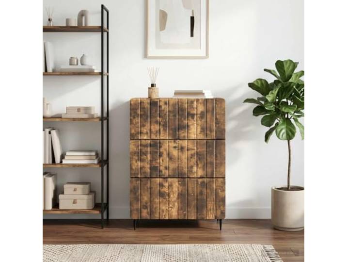 Schubladenschrank Holzwerkstoff Räuchereiche 66 x 34,5 x 92 cm Kommode Streifenmuster Design, Schubladen mit modernen Knöpfen, Eisenbeine, robust und leicht beweglich, vielseitig nutzbar