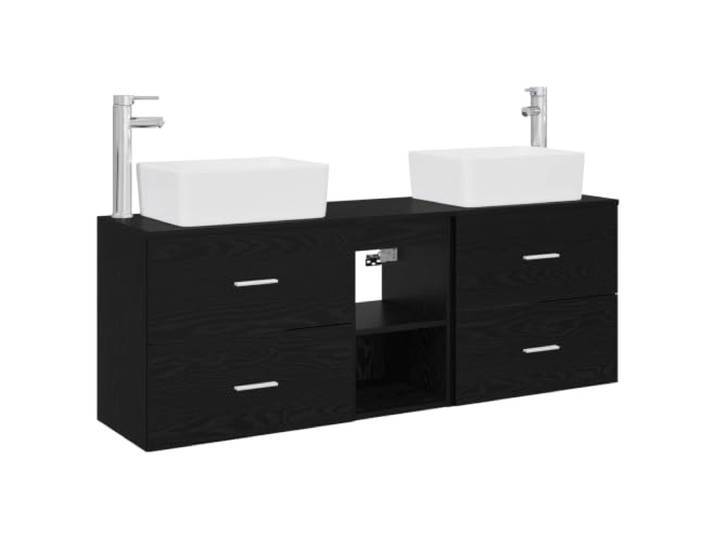 Badezimmer-Schrank-Set, 3-teilig, schwarz, Holz, technisiert, 53 x 34,5 x Wanddesign, 4 Schubladen, 1 Einlegeboden, flexible Installation, einfache Montage, nur innen