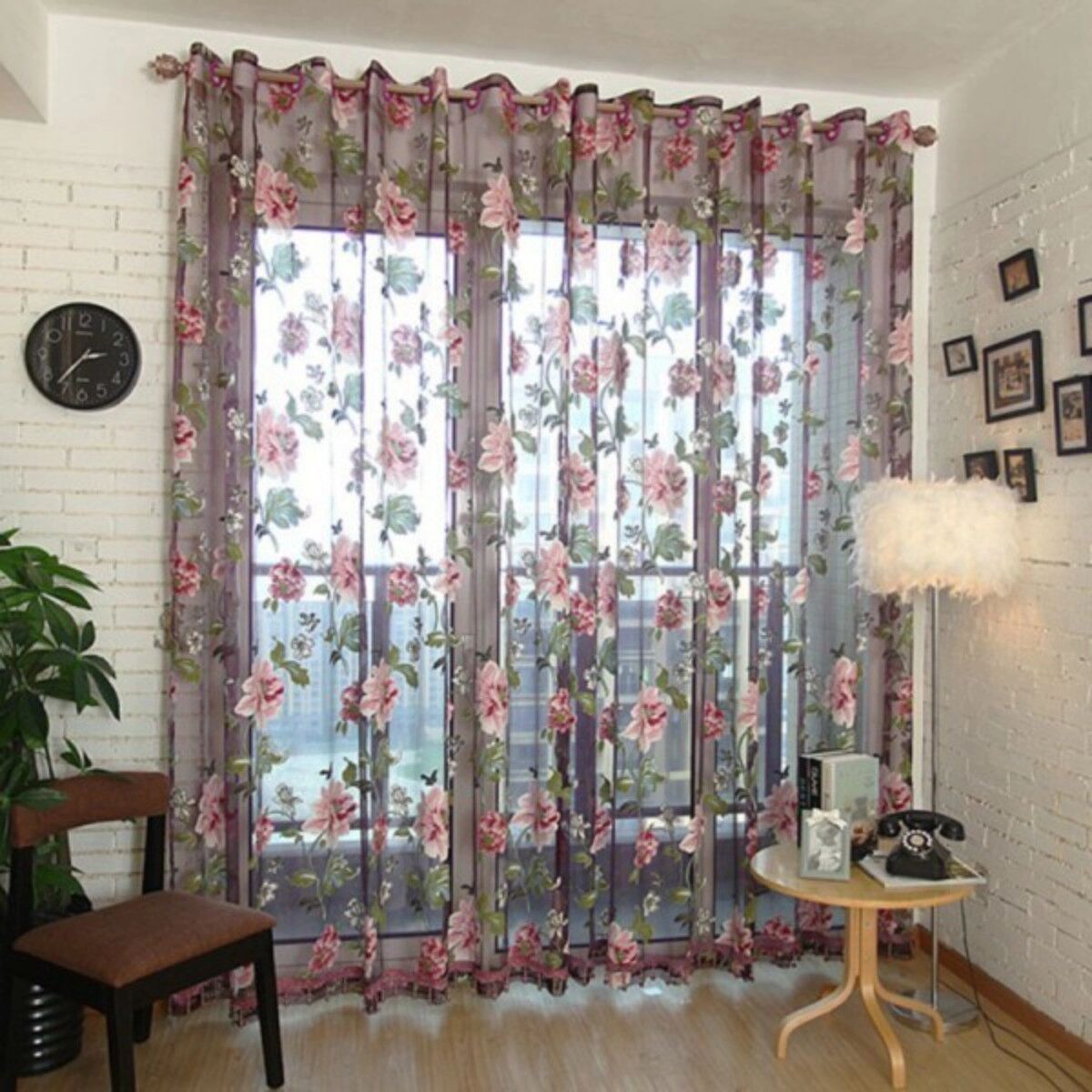 INF Rideau occultant floral en polyester panneau unique à œillets, motif voile orchidée, occultation et intimité, Taille Violet