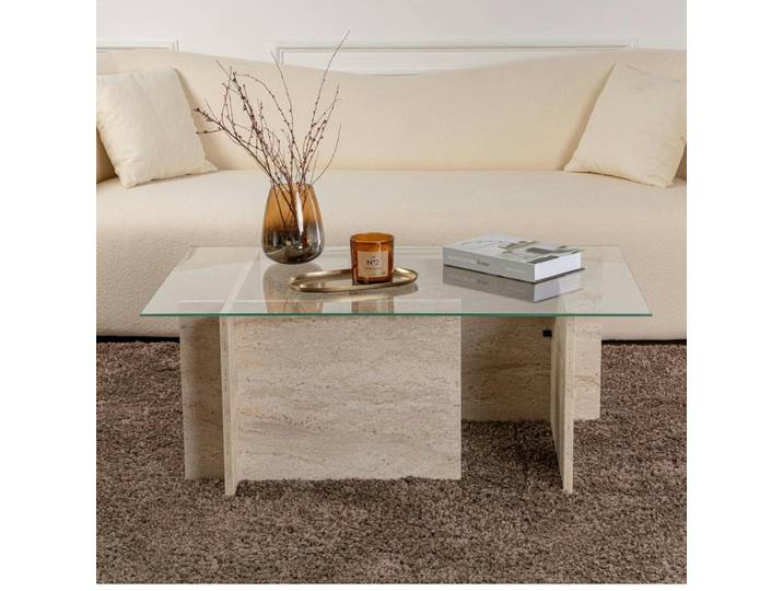 Table basse en verre, pied asymétrique SALTA - Travertin