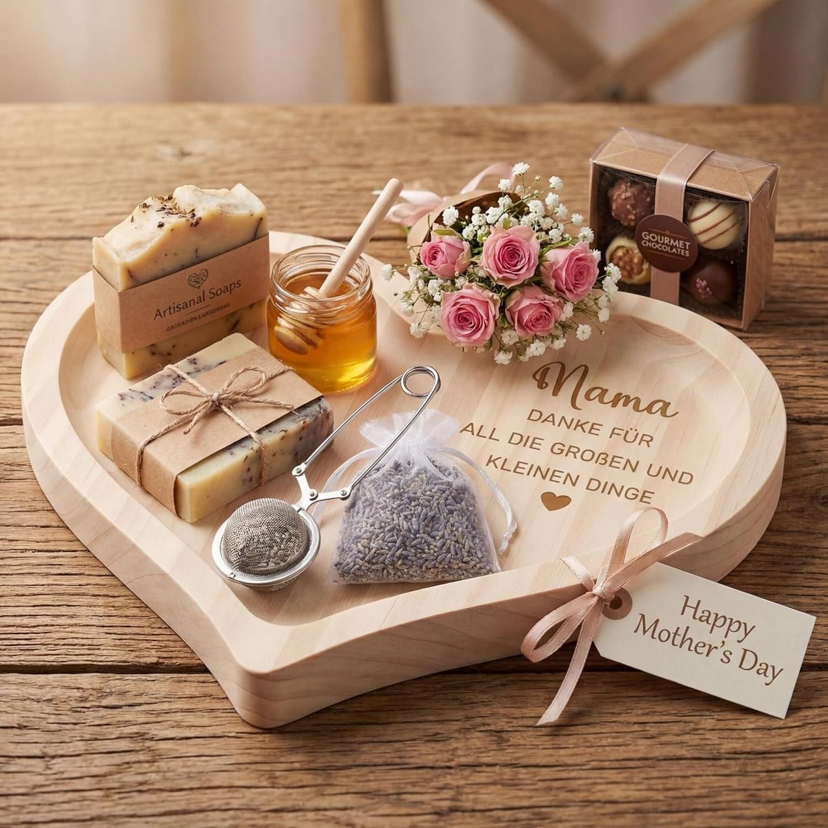 Houten Decoratieve Tray in Hartvorm met Gravure