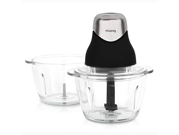 H.Koenig Mini Hachoir Electrique Noir LEO9\, 2 Bols enVerre Gradué 1L\, Hache\, Emince\, Mixe\, Lames Inox\, 5 Vitesses\, Facile d'utilisation\, Couvercle de conservation