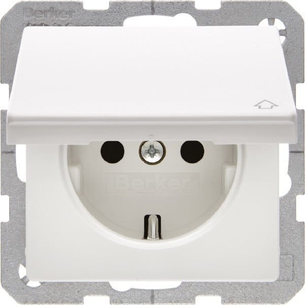 Berker Q1 Schuko-stopcontact met klapdeksel, Polarwit, Satijn