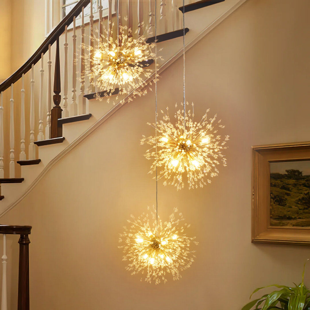 Etta Avenue Dandelion 24-Light Starburst Tiered Chandelier Crystal Cluster Sputnik Pendant Gold 40cm W