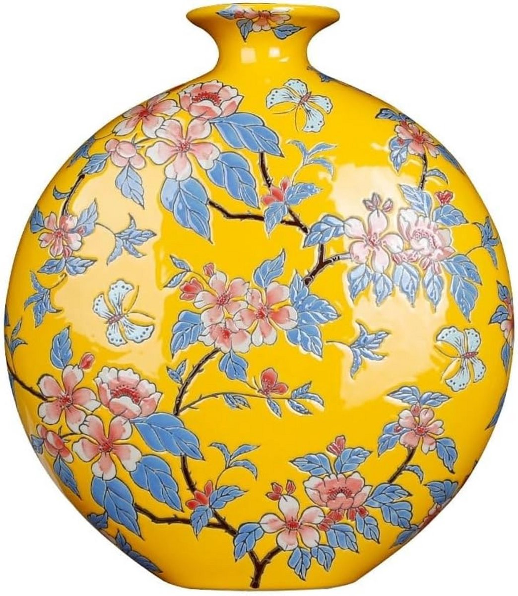 Handgeschilderde Chinese Porseleinen Vaas Geel met Bloemen - Oosterse Decoratievaas