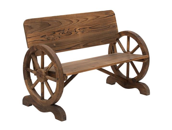 Outsunny Gartenbank mit Armlehne, Sitzbank mit Wagenräder-Design, Massivholz, Braun, Dunkelbraun, Holz, 58x80x114 cm, Gartenmöbel, Gartenbänke