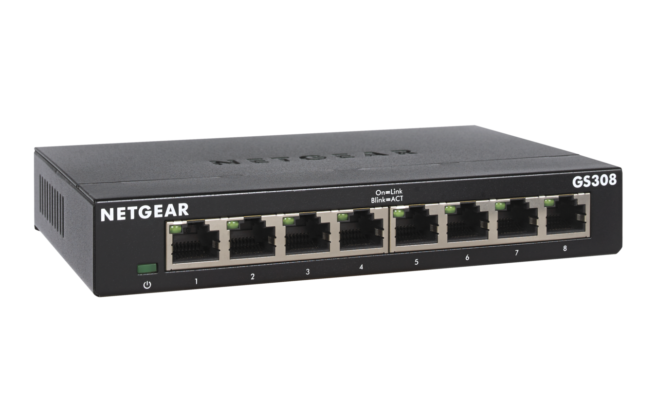 NETGEAR GS308 LAN Switch 8 Port Netzwerk Switch (Plug-and-Play Gigabit Switch LAN Splitter, LAN Verteiler, Ethernet Hub lüfterlos, robustes Metallgehäuse mit Ein-/Ausschalter), Schwarz GS308-300PES