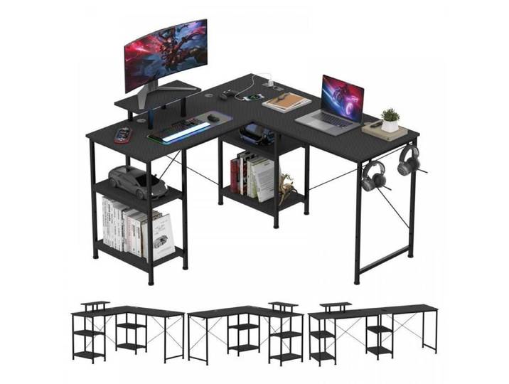 LVHCMFOHM Bureau Gaming en Forme de L avec Multiprise - Bureau d'Angle Réversible avec Rangement - 130x130x75 cm - Noir