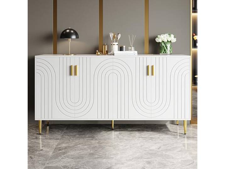 Merax Weißes Sideboard Modernes Anrichte Esszimmer Aufbewahrungsschrank Wohnzimmer mit Wellendesign & goldenen Griffen 152x40x75 cm – mit Stauraum & Türen für Wohnzimmer, Esszimmer & Flur