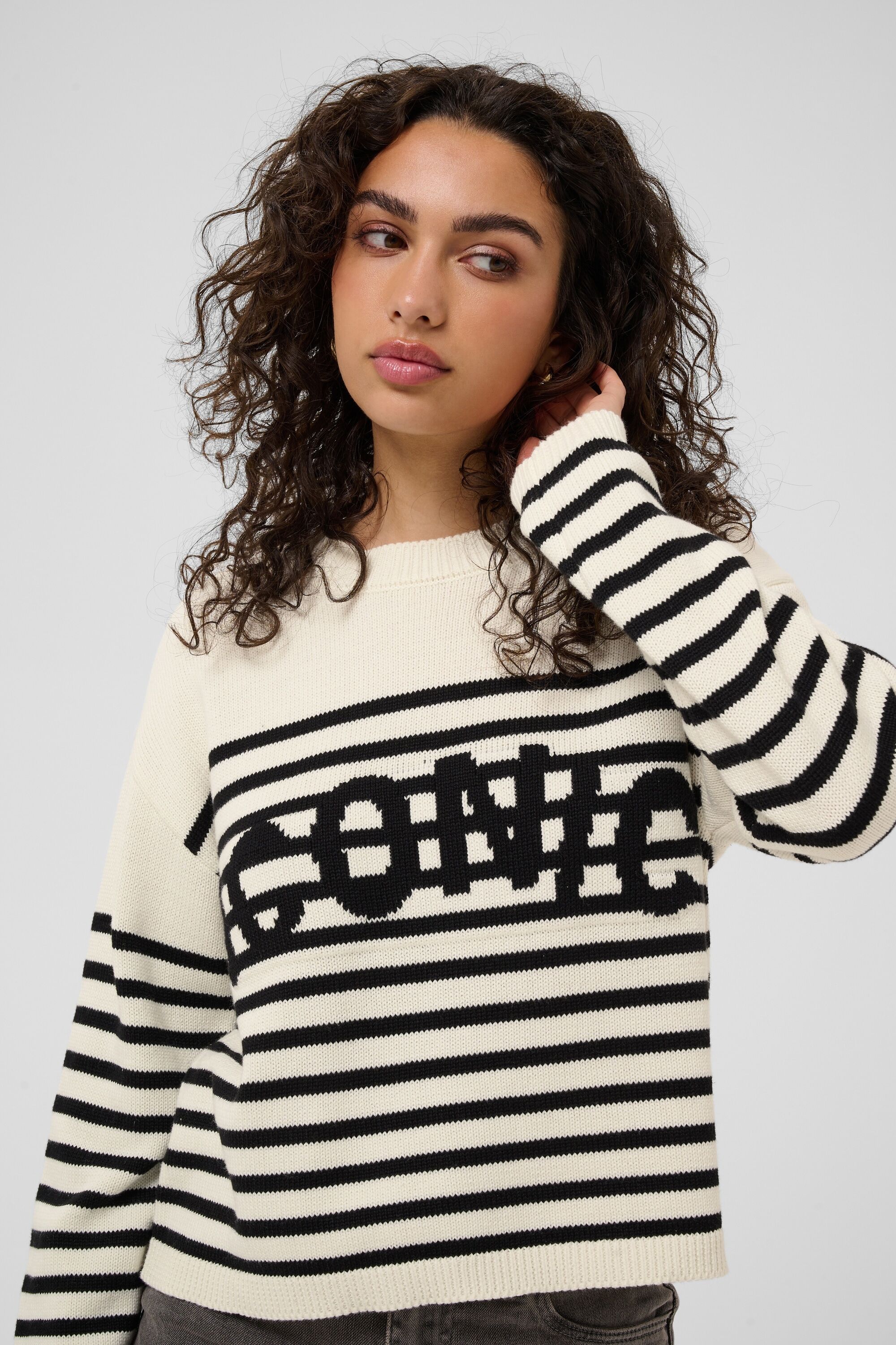 Strickpullover KAFFE "Damen Strickpullover KAsus", Damen, Gr. XS, weiß (chalk schwarz deep stripe knit), Obermaterial: 50% Baumwolle CO. 50% Polyacryl PAN., Pullover Strickpullover