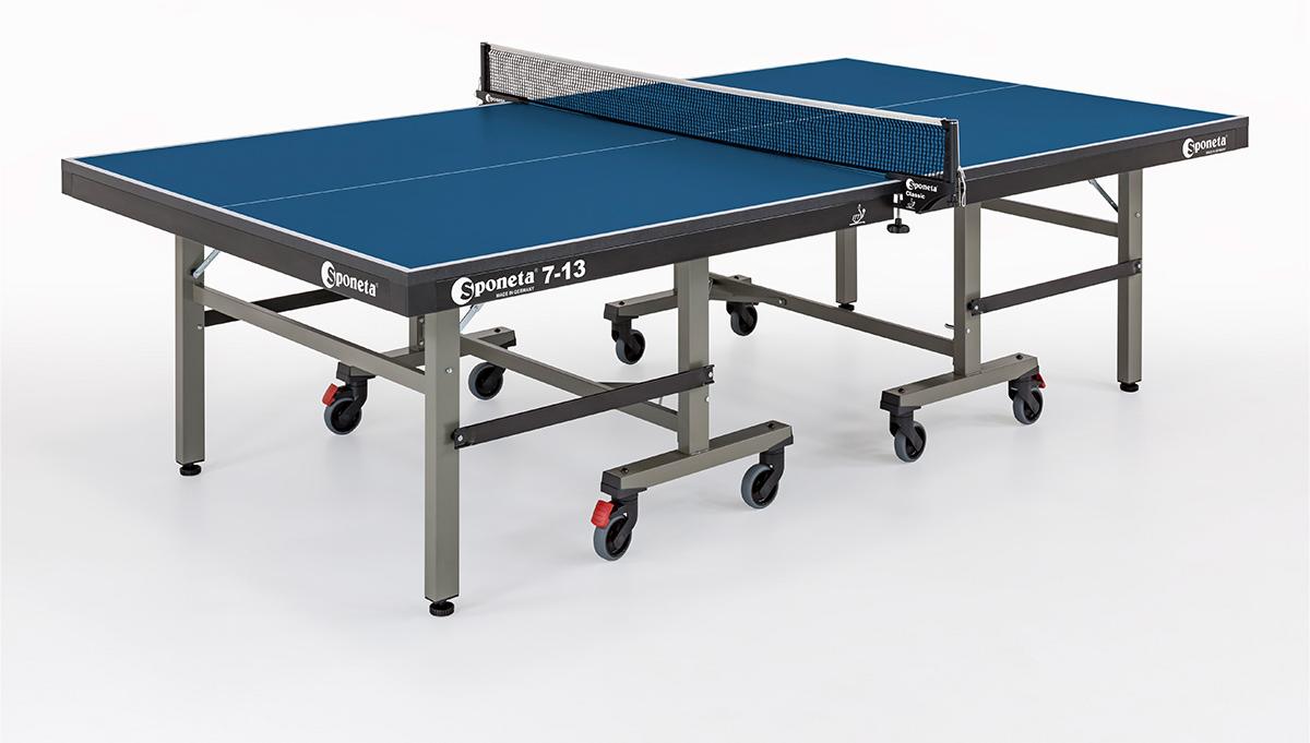 Sponeta S 7-13, Tischtennisplatte, Turnier & Tennisclubspieler, Rollaufsatz (2 Tabletops & 2 Fahrwerke), Aluminium, Blau, Grau, Spanholzplatte, Schwarz