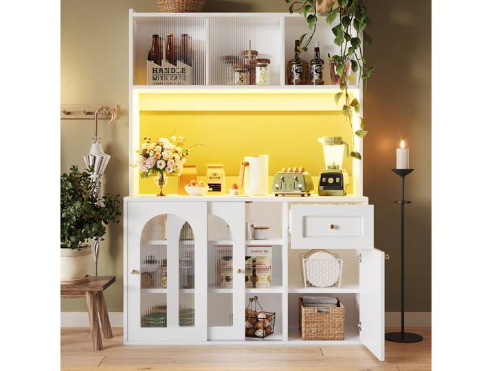 Armoire de cuisine, cuisinière, vitrine, armoire buffet avec étagères réglables, armoire à manger, buffet avec éclairage LED, blanc
