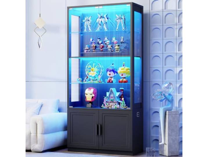 BROTTAR 170 cm Vitrine mit Glastüren, 4-stöckige Vitrine mit 2 herausnehmbaren Glasböden, Vitrine für Sammlerstücke, schwarz