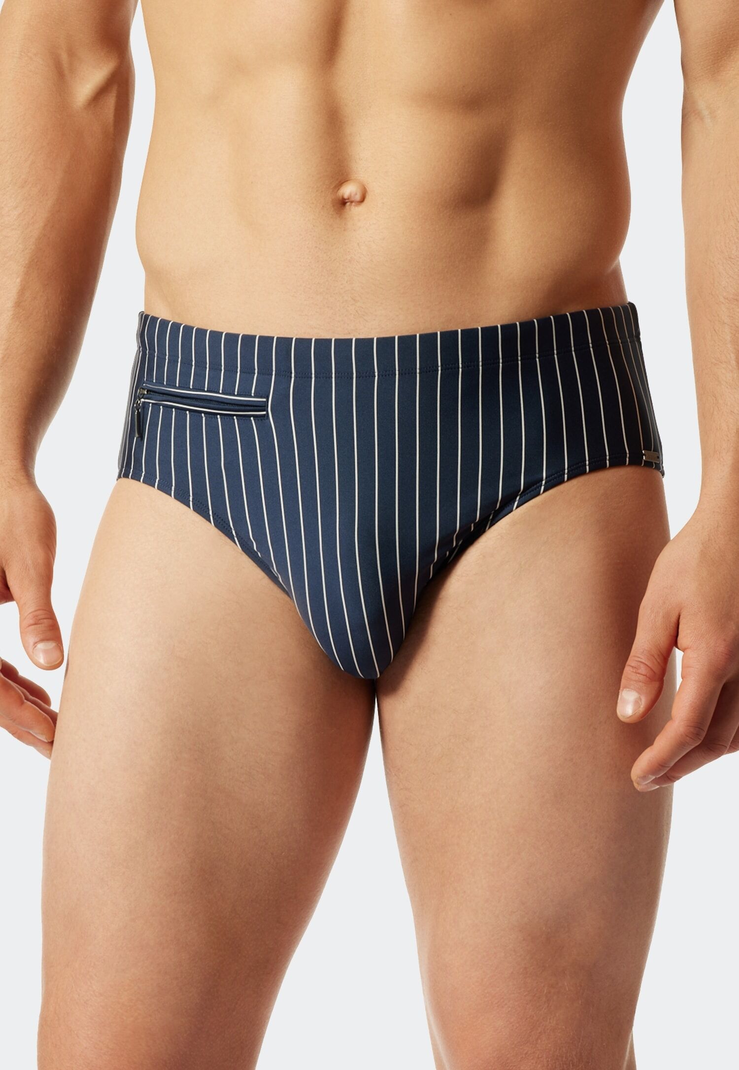 Badeslip SCHIESSER "Nautical Casual", Herren, Gr. 7, N-Gr, blau (801, admiral), Gewirkt, Baumwolle, Elasthan, unifarben mit Farbeinsatz, Badehosen Badeslip, mit weissen Streifen 801, admiral 7, N-Gr
