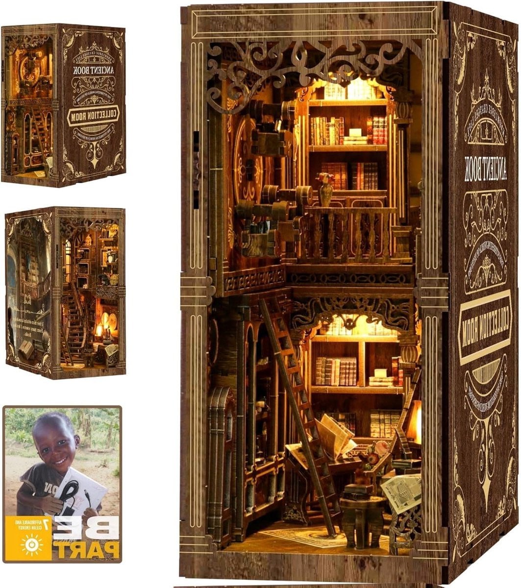 DIY Book Nook Bouwpakket met ledlampen - 3D Houten Miniatuurbibliotheek met Oude Boeken - Decoratie voor in de Boekenkast