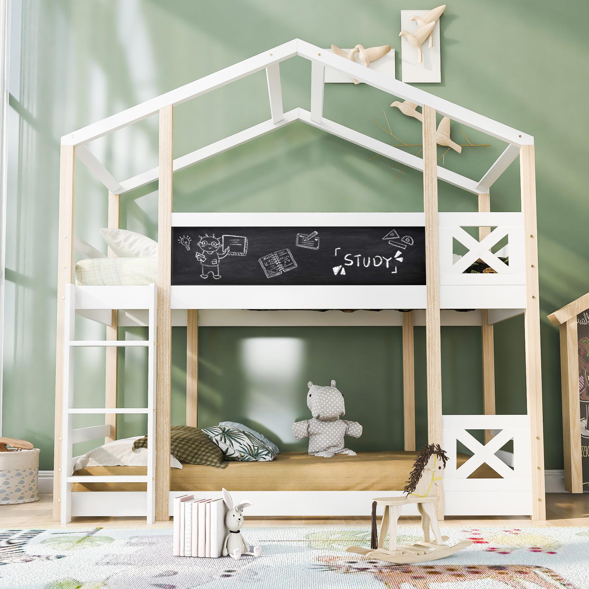 Sweiko Kinderbett Baumhaus mit Leiter 90 x 200 cm, Hochbett für Kinder- 2x Lattenrost- Natur & Weiß