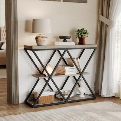 Garvee 32.8in 3-layer Industrial Style Console Table, X-shaped Metal Frame, Sofa Side Table, Open Storage Shelf