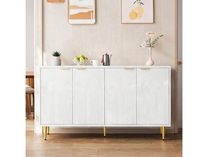 Buffet bas contemporain 160 cm 4 portes soft-close soft white et bois doré