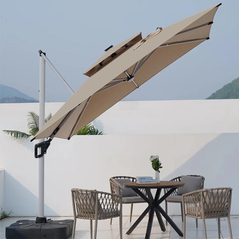 Balkonschirm, Garten-Sonnenschirm, Terrassenschirm, Gastro-Sonnenschirm, Outdoor Sonnenschirm, mit Solar-Lichtstreifen Khaki L300*H260cm/SWZYS65493-m/