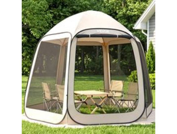 VEVOR Pop up Zelt, 304,8 x 280,4 cm, Campingzelt für 4–8 Personen, Partyzelt inklusive Tragetasche, Seitenwänden aus Netz und Heringen, für Garten, Terrasse und Outdoor-Aktivitäten, Beige
