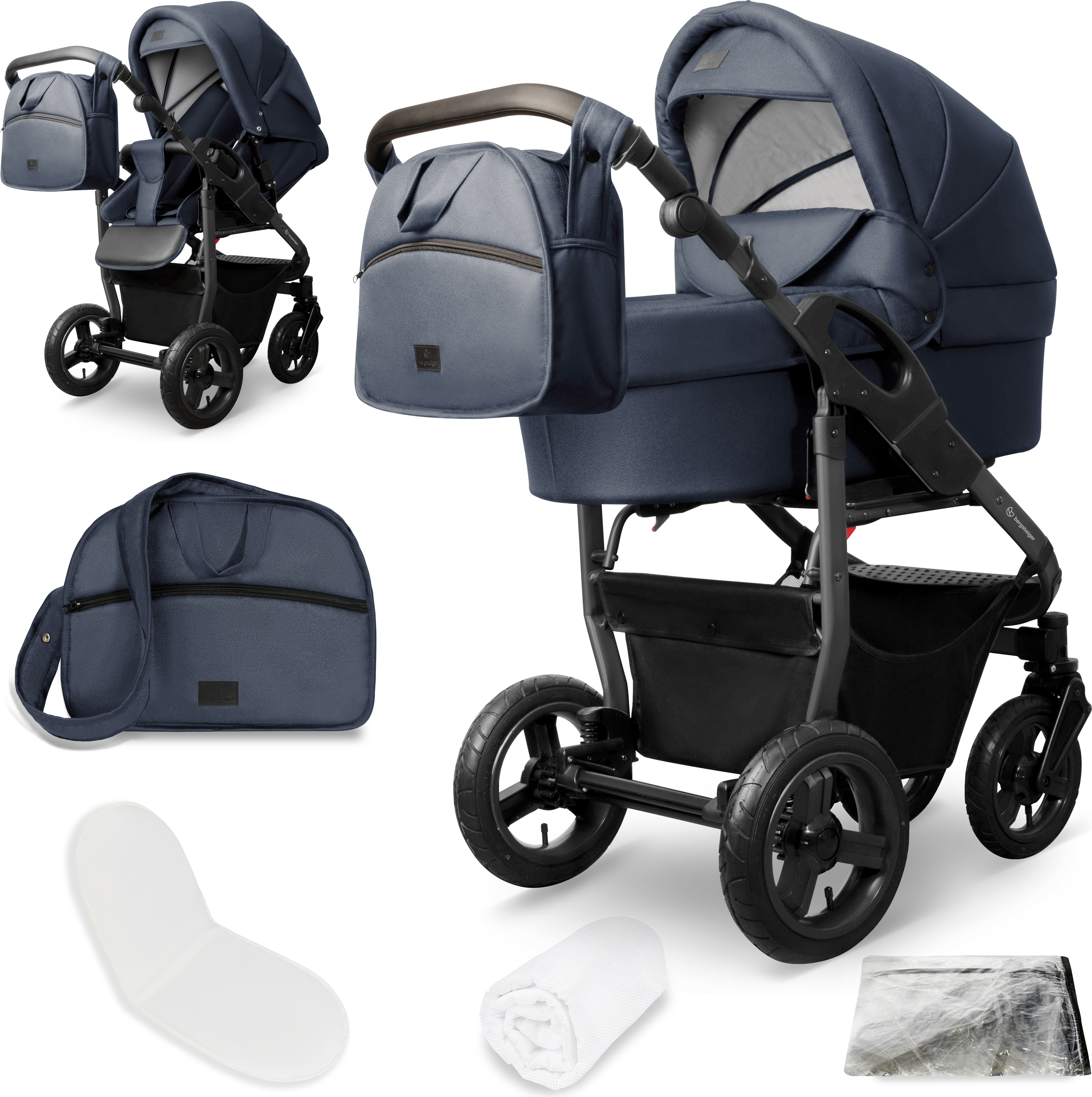 Bergsteiger Capri Kombikinderwagen 2-in-1 ohne Babyschale - Babywanne & Sportsitz, Luftreifen, Federung, höhenverstellbarer Griff, faltbar, Zubehör