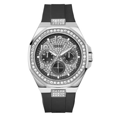 Quarzuhr GUESS "EMPIRE", silber (schwarz, silberfarben, silberfarben), Armbanduhren, Herren, silberfarben, Quarzuhr, Armbanduhr, Herrenuhr, Silikonarmband, analog, Wochentag, Tag