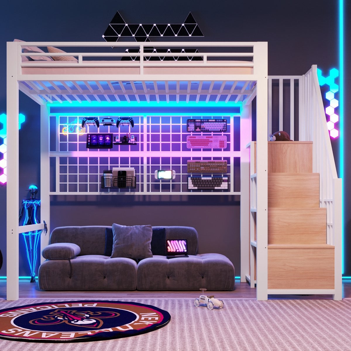 VVBV Kinderhoogslaper met kledingkast, opbergtrap en LED-verlichting, Wit, 90 x 200 cm