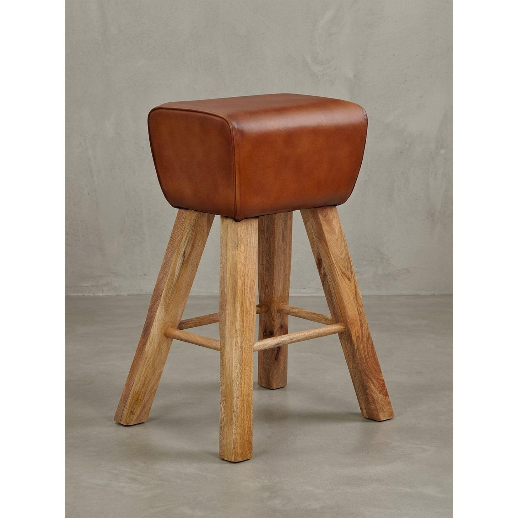 KADIMA DESIGN Sportlicher Turnbock-Barhocker, Ziegenleder und Mango Massivholz, 43x75x43 cm, dunkelbraun.